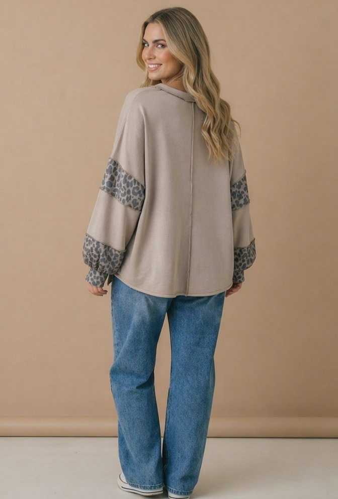 Haptics - Plus Round Neck Leopard Color Block Pullover Top