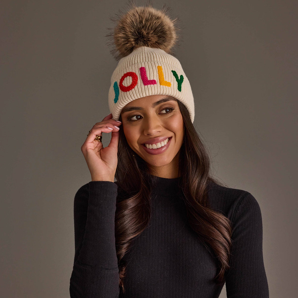 Beige Jolly Knit Pom Hat
