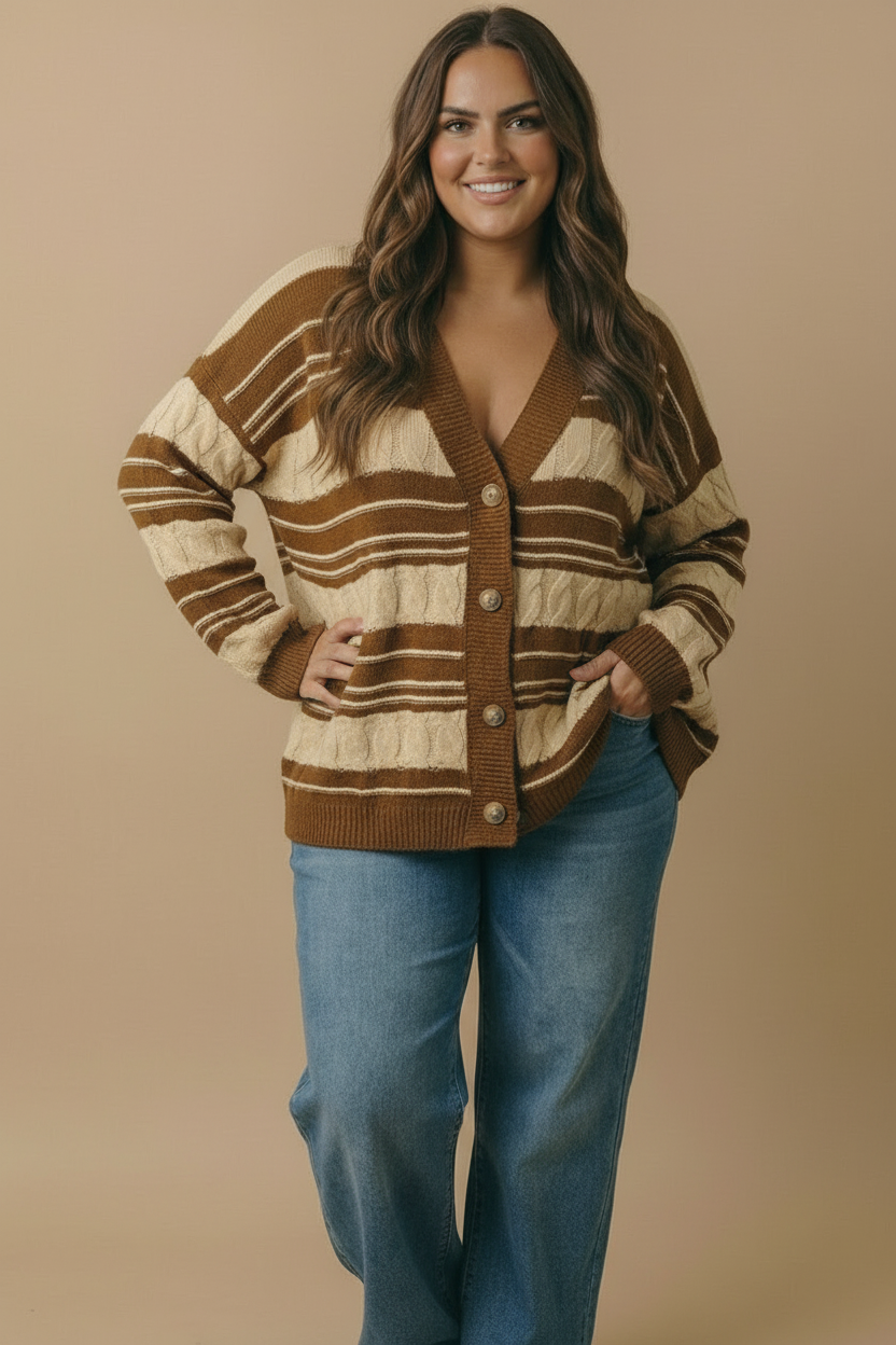 Caramel Striped Cable Knit Cardigan