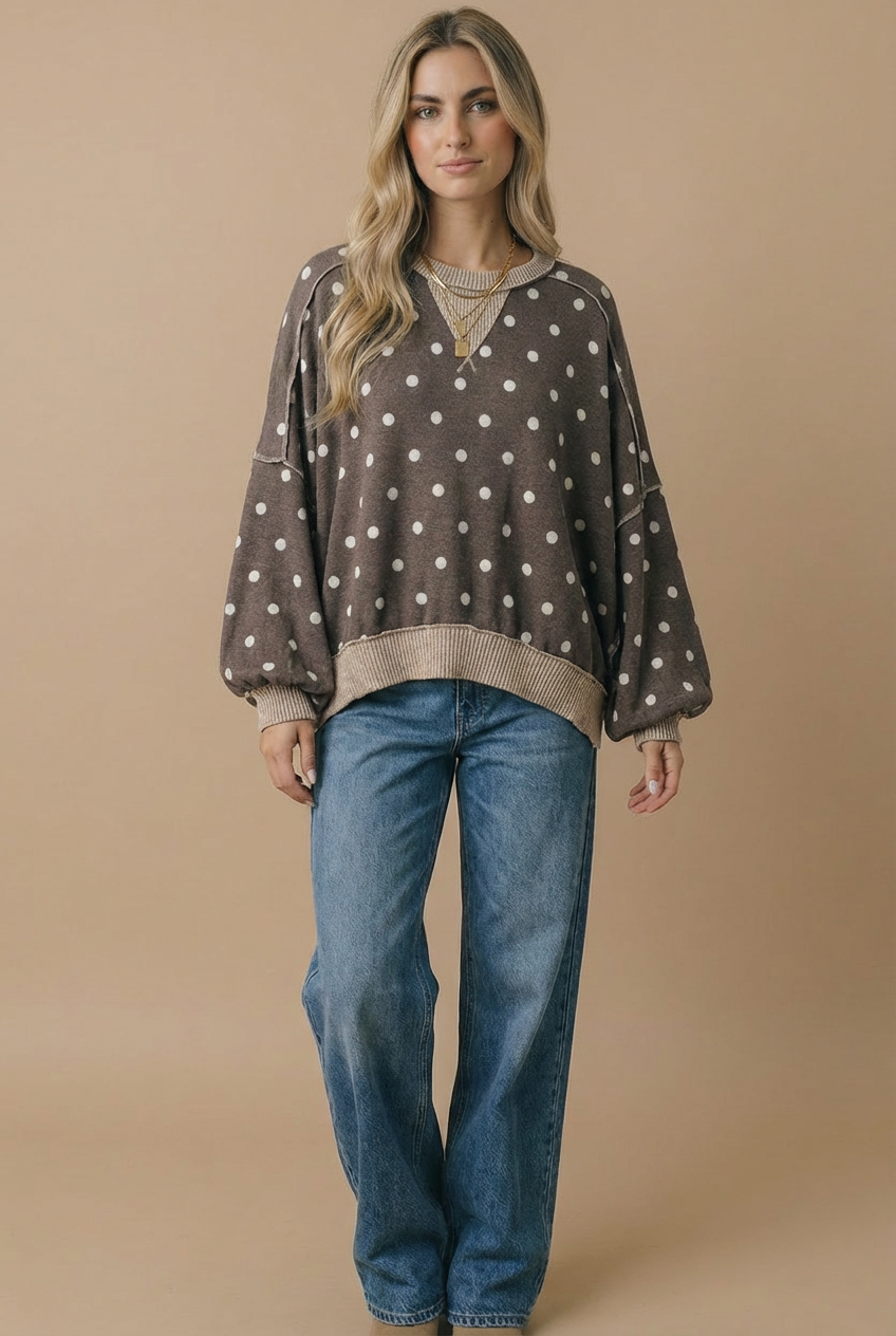 Haptics - Plus Crew Neck Polka Dot Reverse Stitch Pullover