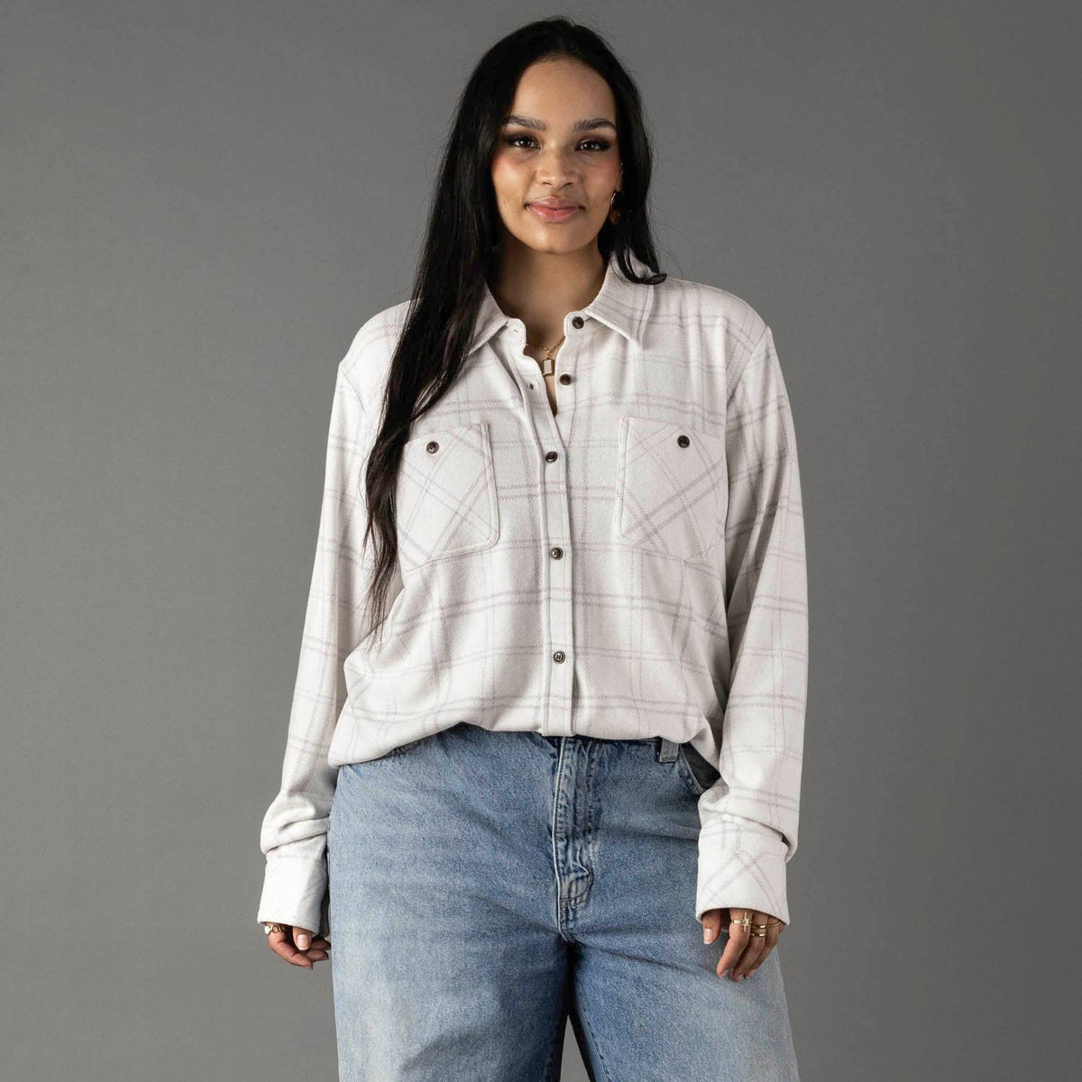 White & Lt. Gray Plaid Button Up