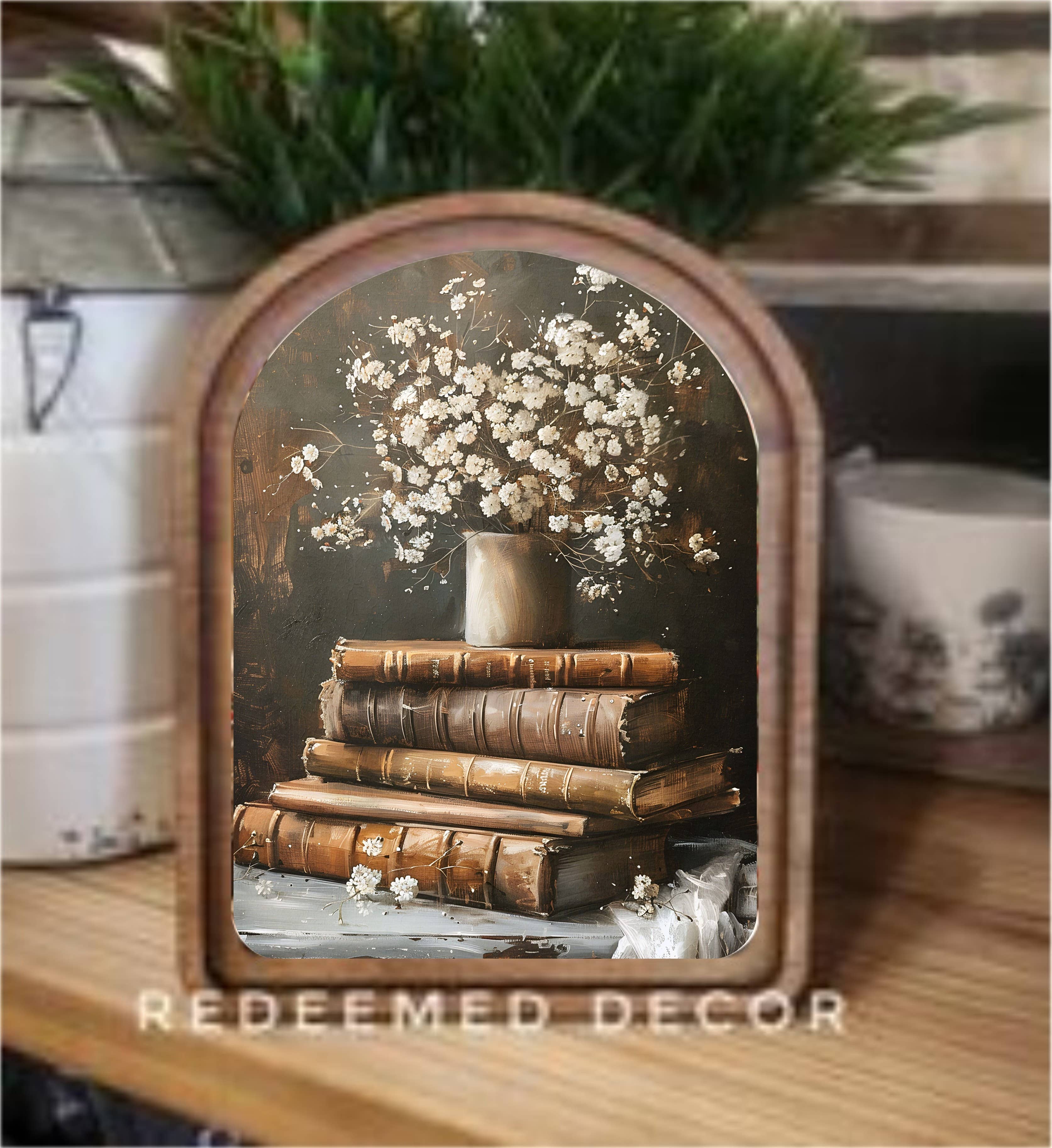 Arch Top Books With Flowers Framed Art