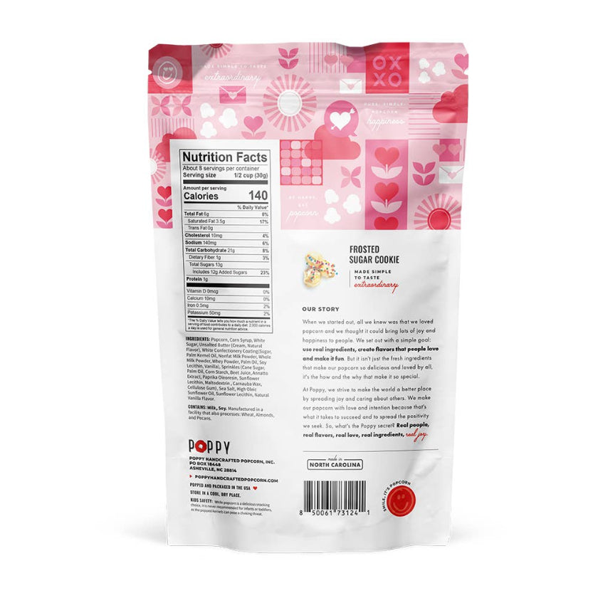 Back of a snack package with nutritional information and branding on a white background