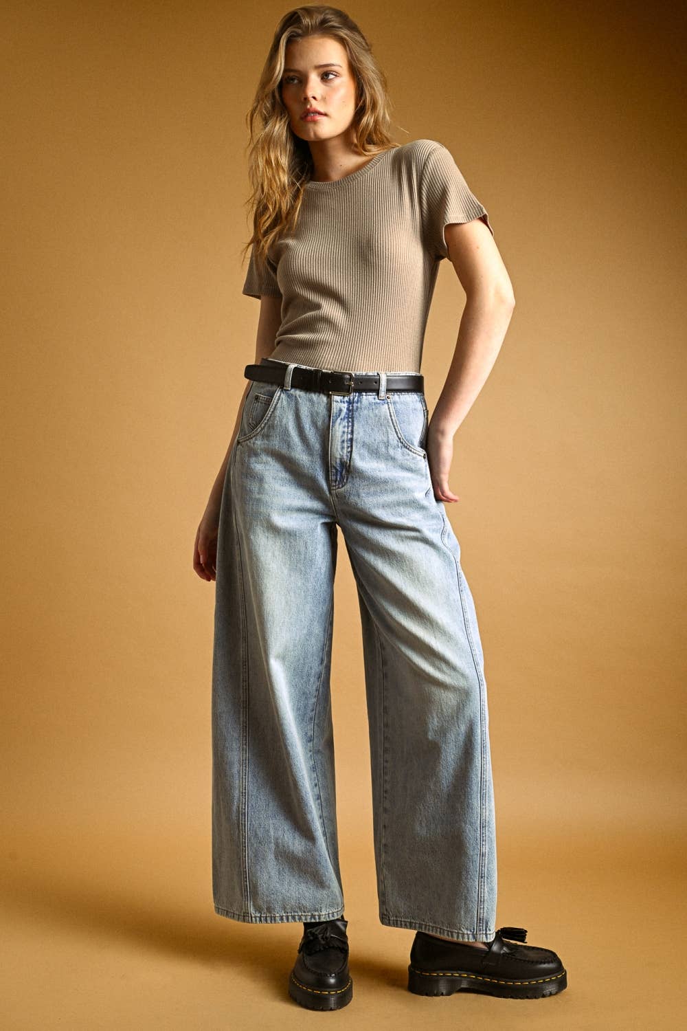 MIOU MUSE - P6631   VINTAGE WASH WIDE LEG PANELED JEANS