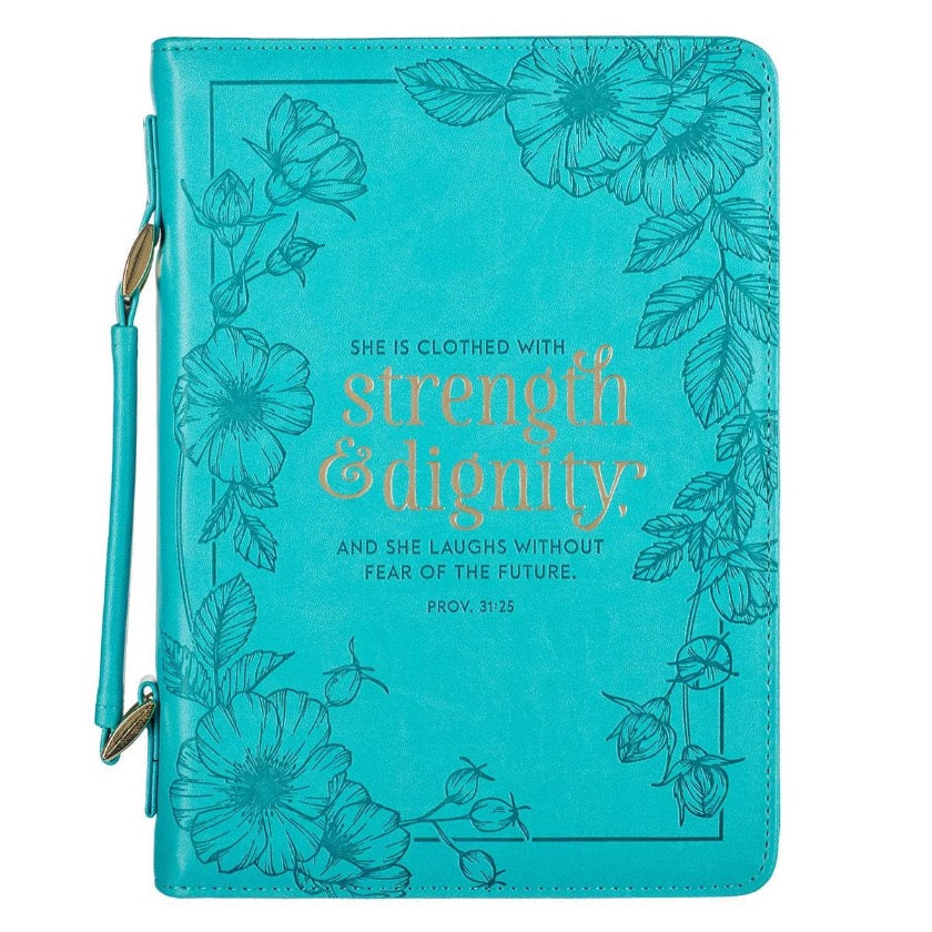 Strength & Dignity Teal Faux Leather Fashion Bible Cover - Proverbs 31:25