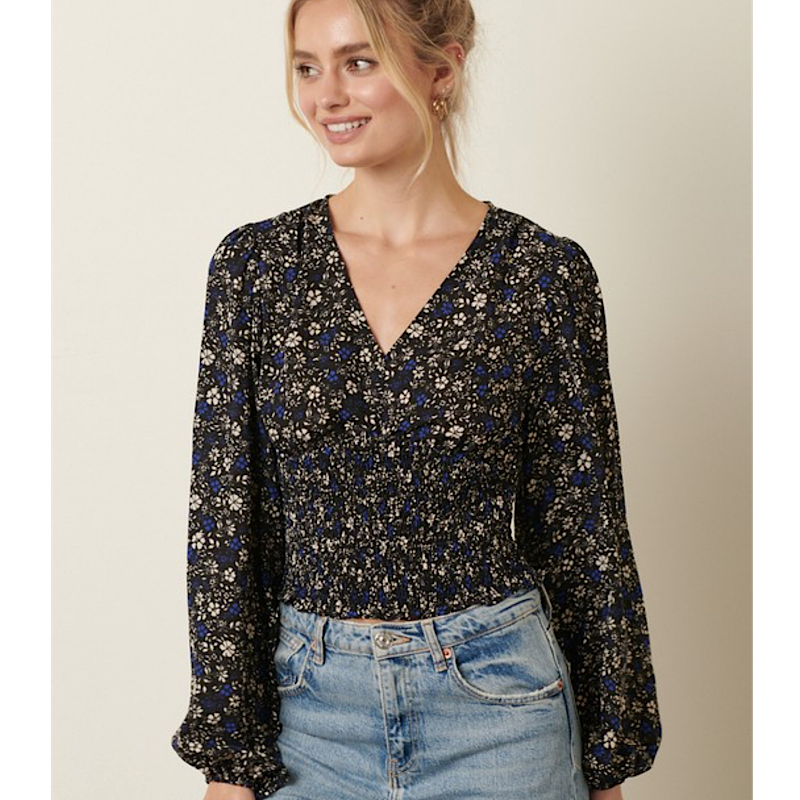 Black/Royal Floral Smocked Blouse