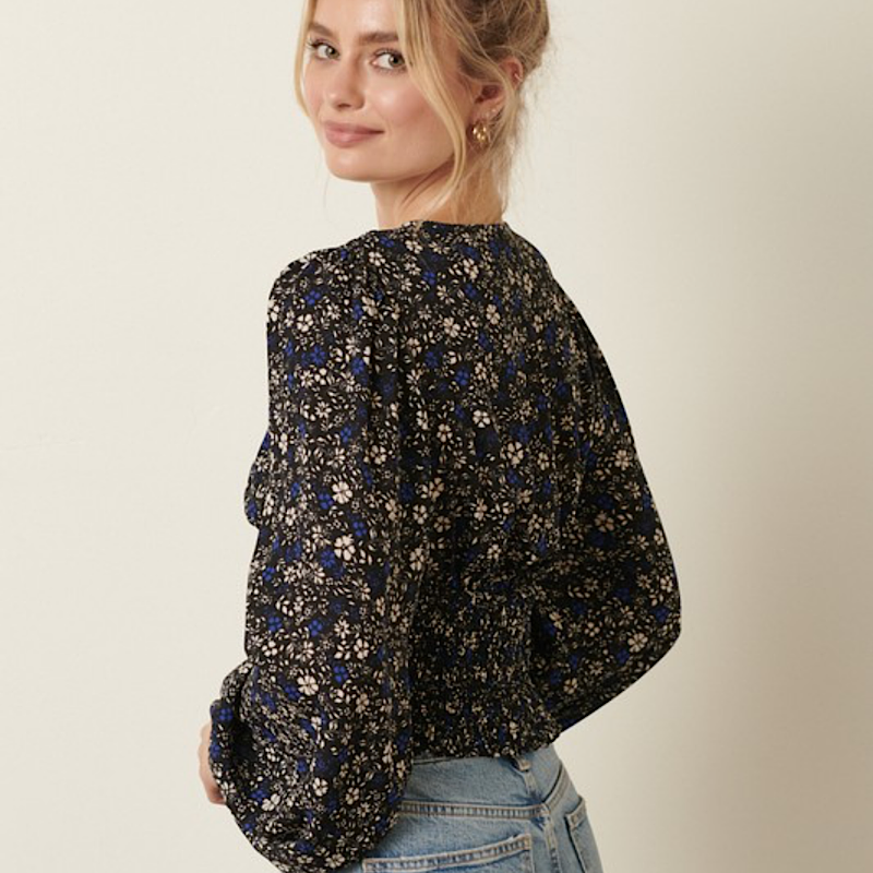 Black/Royal Floral Smocked Blouse
